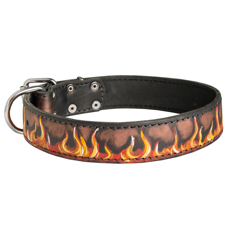 Handpainted Leather Samoyed Collar with Red Flames
