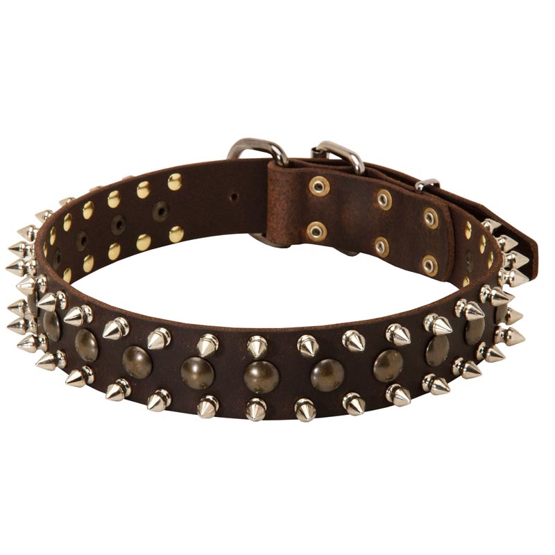 3 Rows Leather Spiked and Studded Samoyed Collar