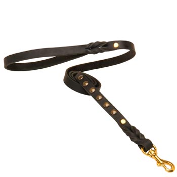 Strong Black Leather Samoyed Leash Fashion Studs Adorned